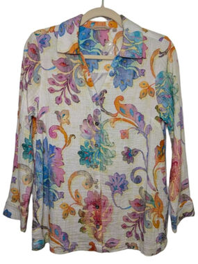 Soft Surroundings Cotton Gauze Floral Button Up Tunic Top Size PXS